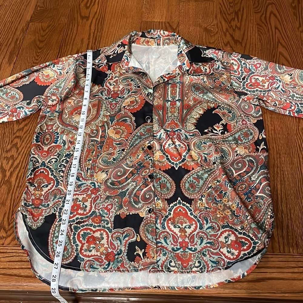 SHEIN multi paisley floral Boho satin feel button down shirt oversized Small - Picture 10 of 11